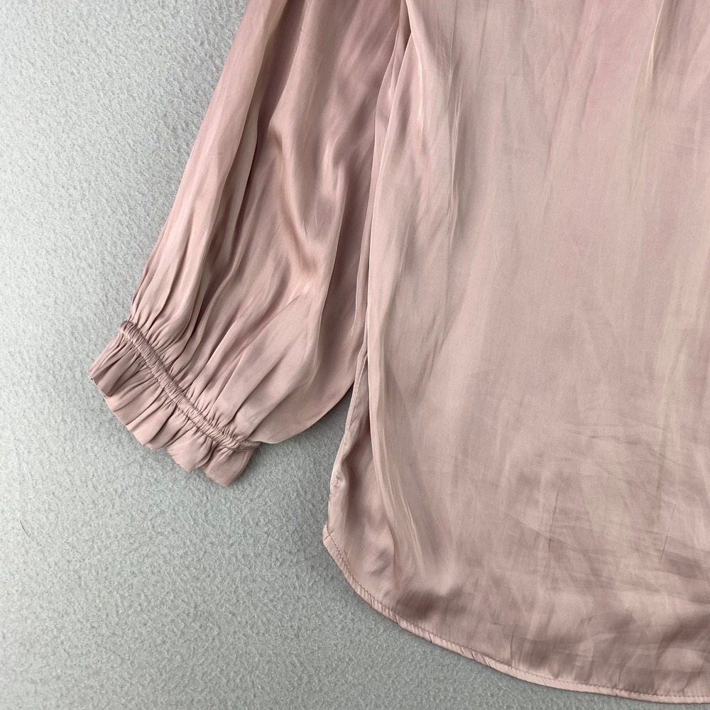 Carmen‎ Marc Valvo Blouse Women S Pink Satin Smocked Ruffle V-Neck Peasant Top - Picture 5 of 9